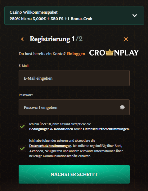 Registrierung im Crownplay Casino